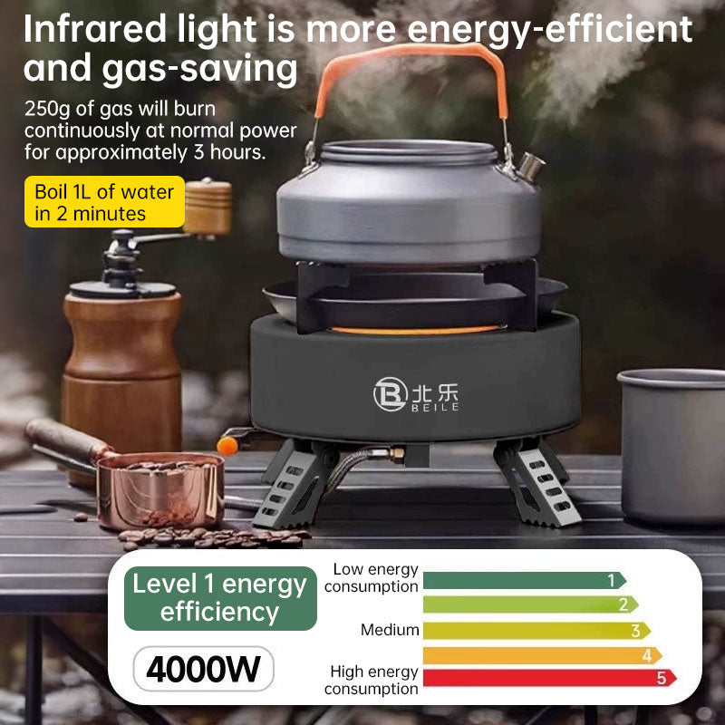 New Explorer 4000W infrared camping stove: portable, windproof, with electronic ignition for outdoor cooking.