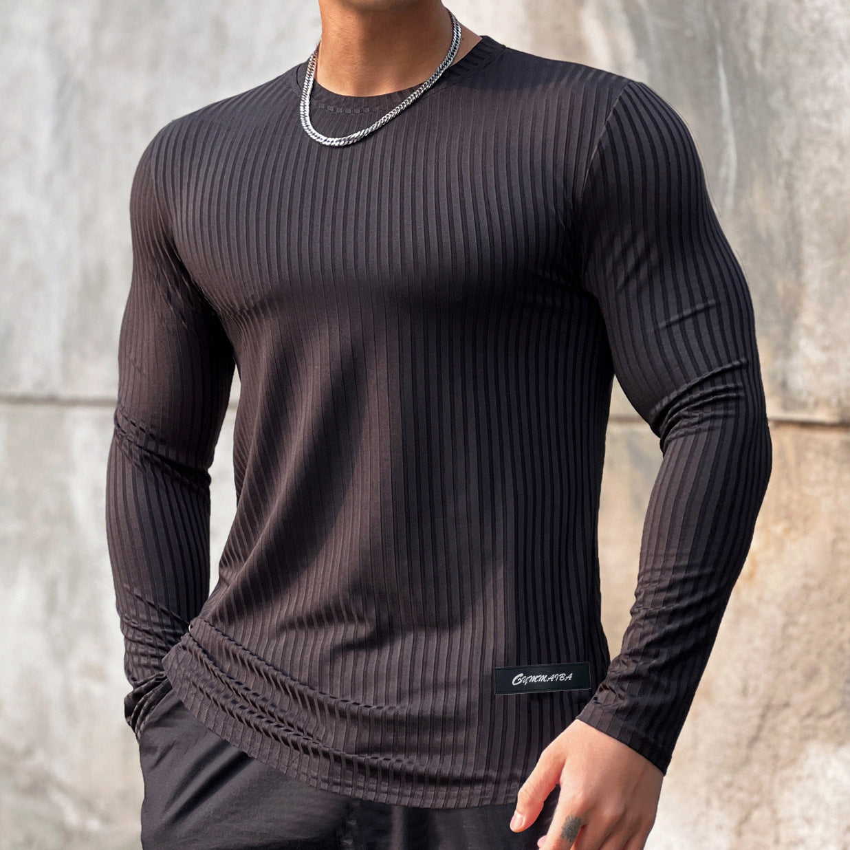 Trendy Brand Stripe Solid Color Fitness Breathable Long Sleeve Men's Basketball Running Training Elastic Quick-Dry Sports T-Shirt