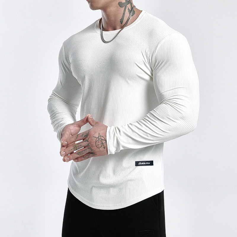 Trendy Brand Stripe Solid Color Fitness Breathable Long Sleeve Men's Basketball Running Training Elastic Quick-Dry Sports T-Shirt