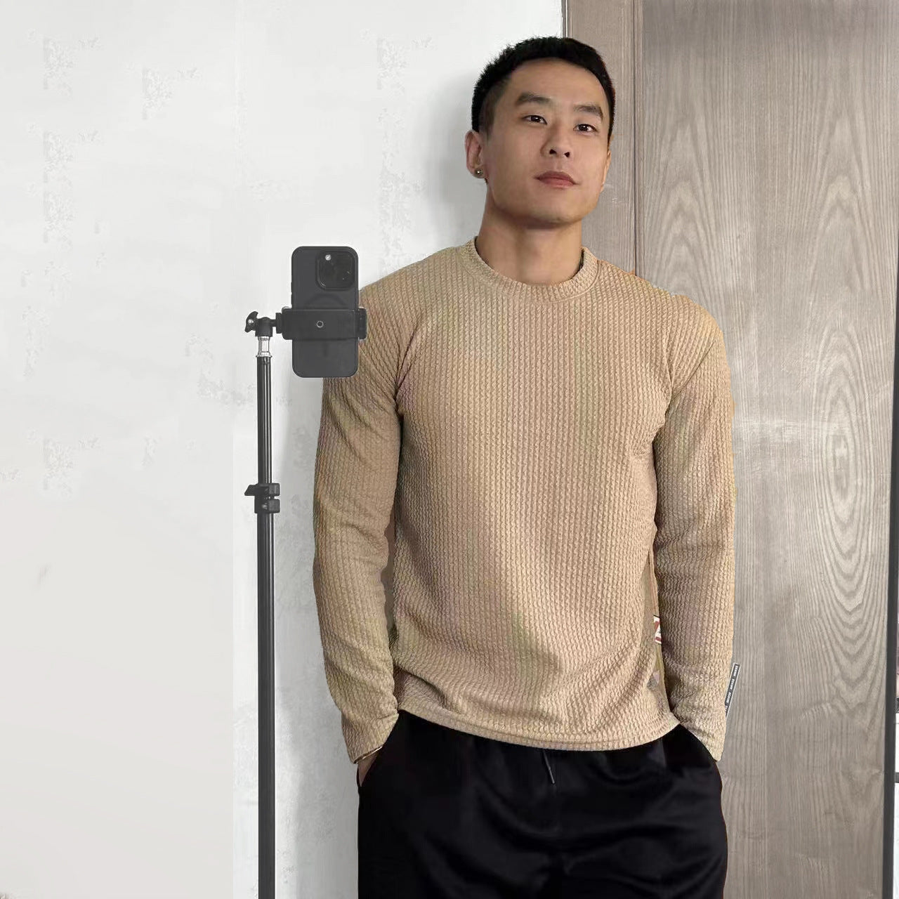 Fashionable High-Elasticity Fitness Long Sleeve T-Shirt, Round Neck Versatile Slim Fit Knitted Men's Workout Base Layer