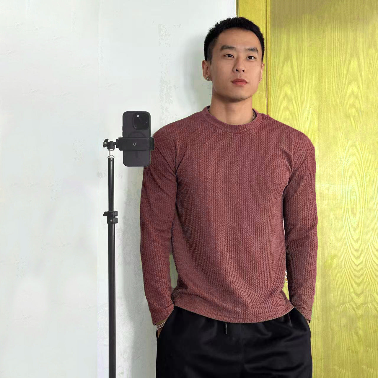 Fashionable High-Elasticity Fitness Long Sleeve T-Shirt, Round Neck Versatile Slim Fit Knitted Men's Workout Base Layer