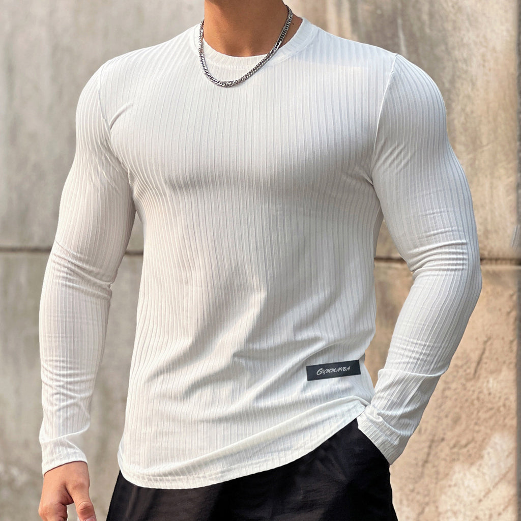 Trendy Brand Stripe Solid Color Fitness Breathable Long Sleeve Men's Basketball Running Training Elastic Quick-Dry Sports T-Shirt