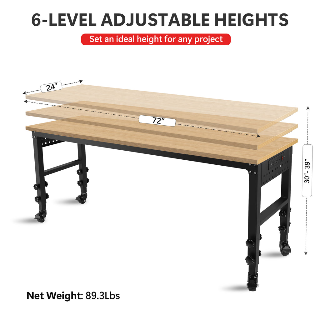 72 inch x 24 inch adjustable worktable, rolling heavy-duty worktable with power socket and wheels