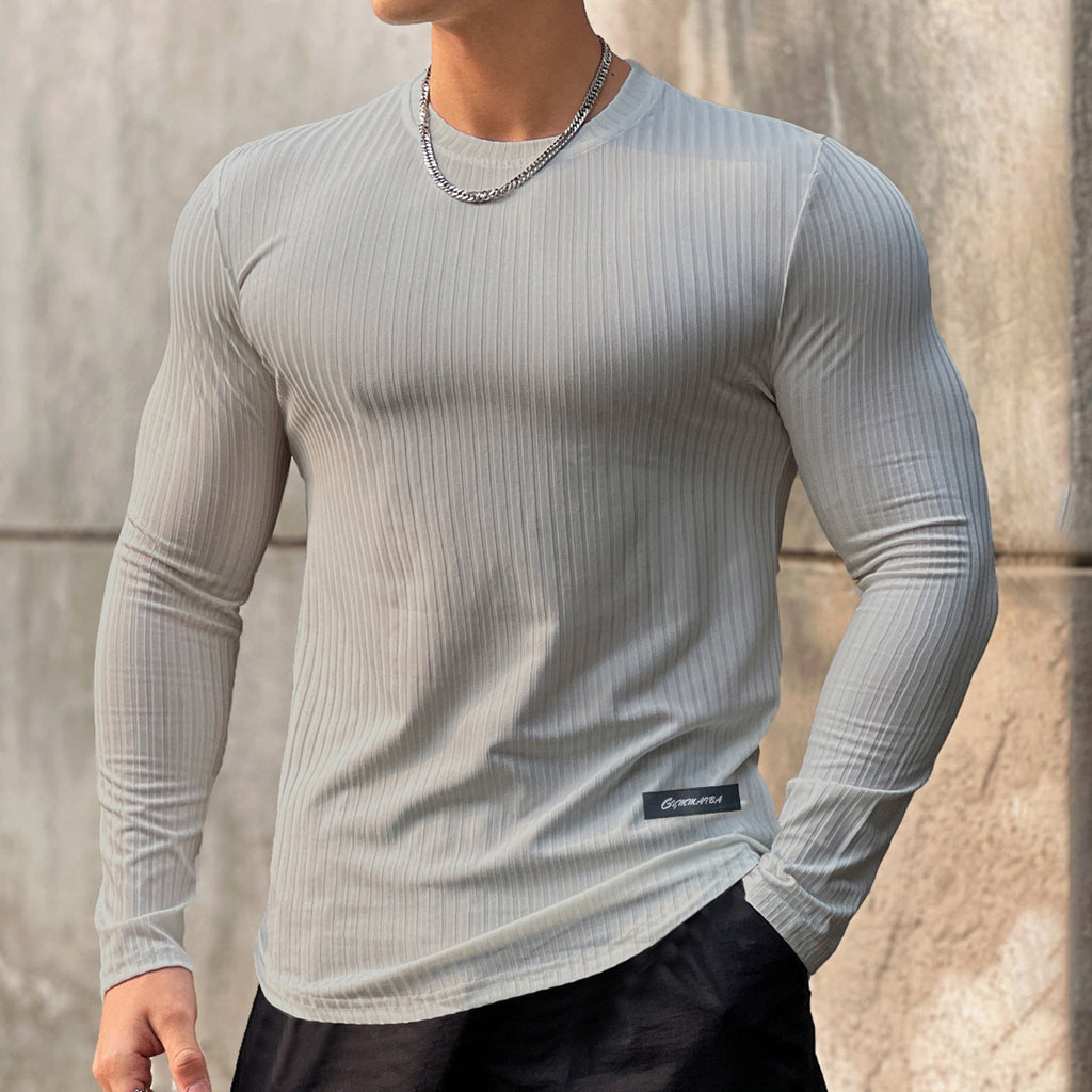 Trendy Brand Stripe Solid Color Fitness Breathable Long Sleeve Men's Basketball Running Training Elastic Quick-Dry Sports T-Shirt