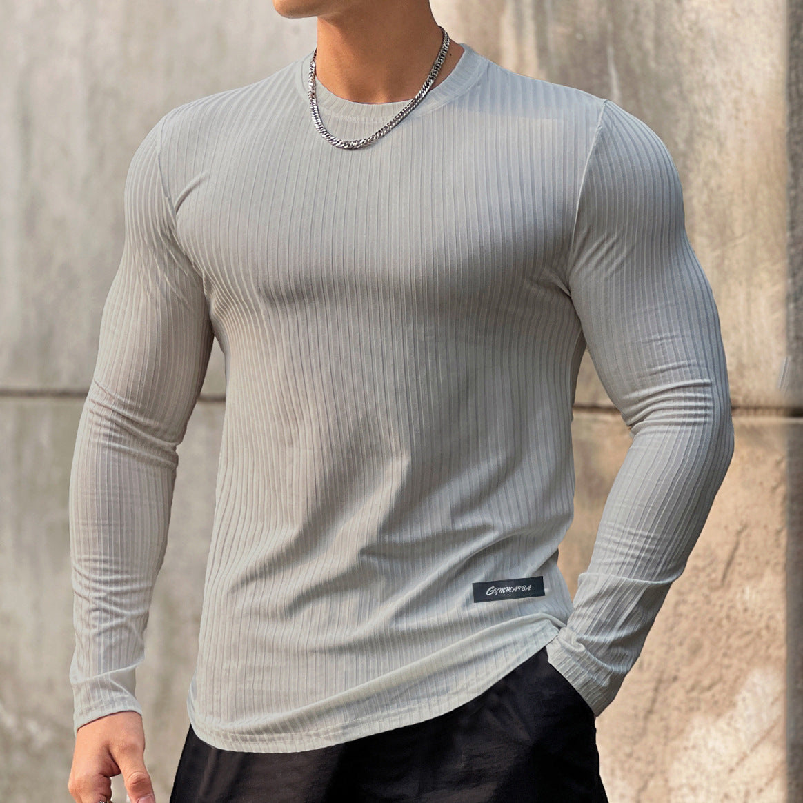 Trendy Brand Stripe Solid Color Fitness Breathable Long Sleeve Men's Basketball Running Training Elastic Quick-Dry Sports T-Shirt