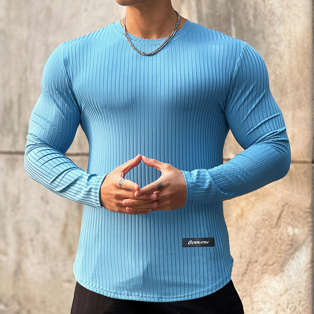 Trendy Brand Stripe Solid Color Fitness Breathable Long Sleeve Men's Basketball Running Training Elastic Quick-Dry Sports T-Shirt