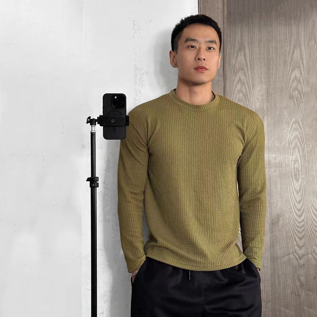 Fashionable High-Elasticity Fitness Long Sleeve T-Shirt, Round Neck Versatile Slim Fit Knitted Men's Workout Base Layer
