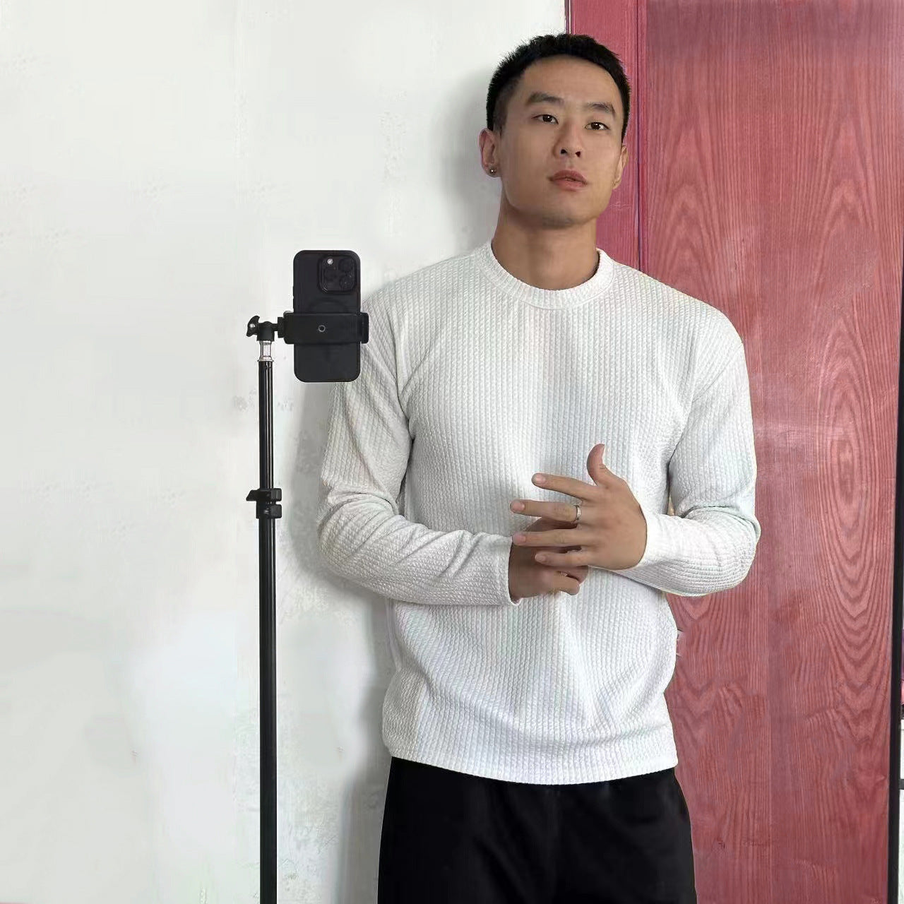 Fashionable High-Elasticity Fitness Long Sleeve T-Shirt, Round Neck Versatile Slim Fit Knitted Men's Workout Base Layer