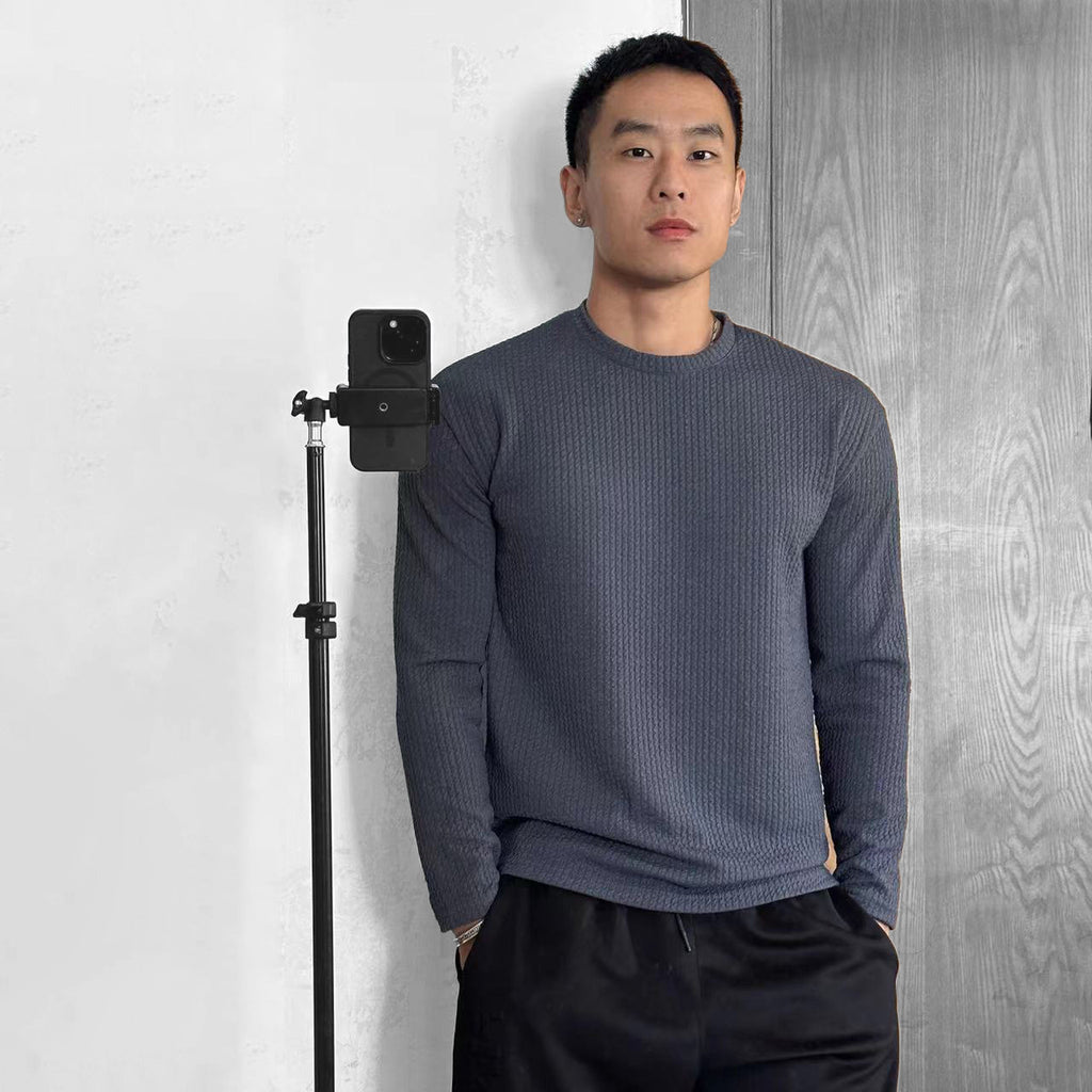 Fashionable High-Elasticity Fitness Long Sleeve T-Shirt, Round Neck Versatile Slim Fit Knitted Men's Workout Base Layer